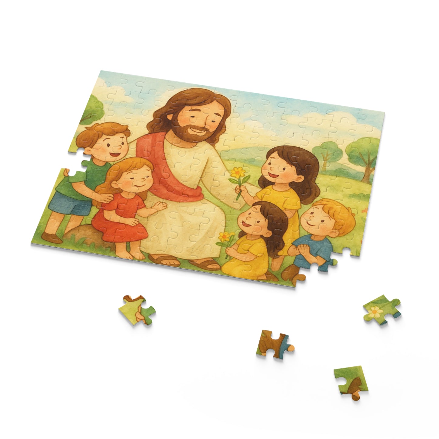 Jesus blessing children in a sunny meadow