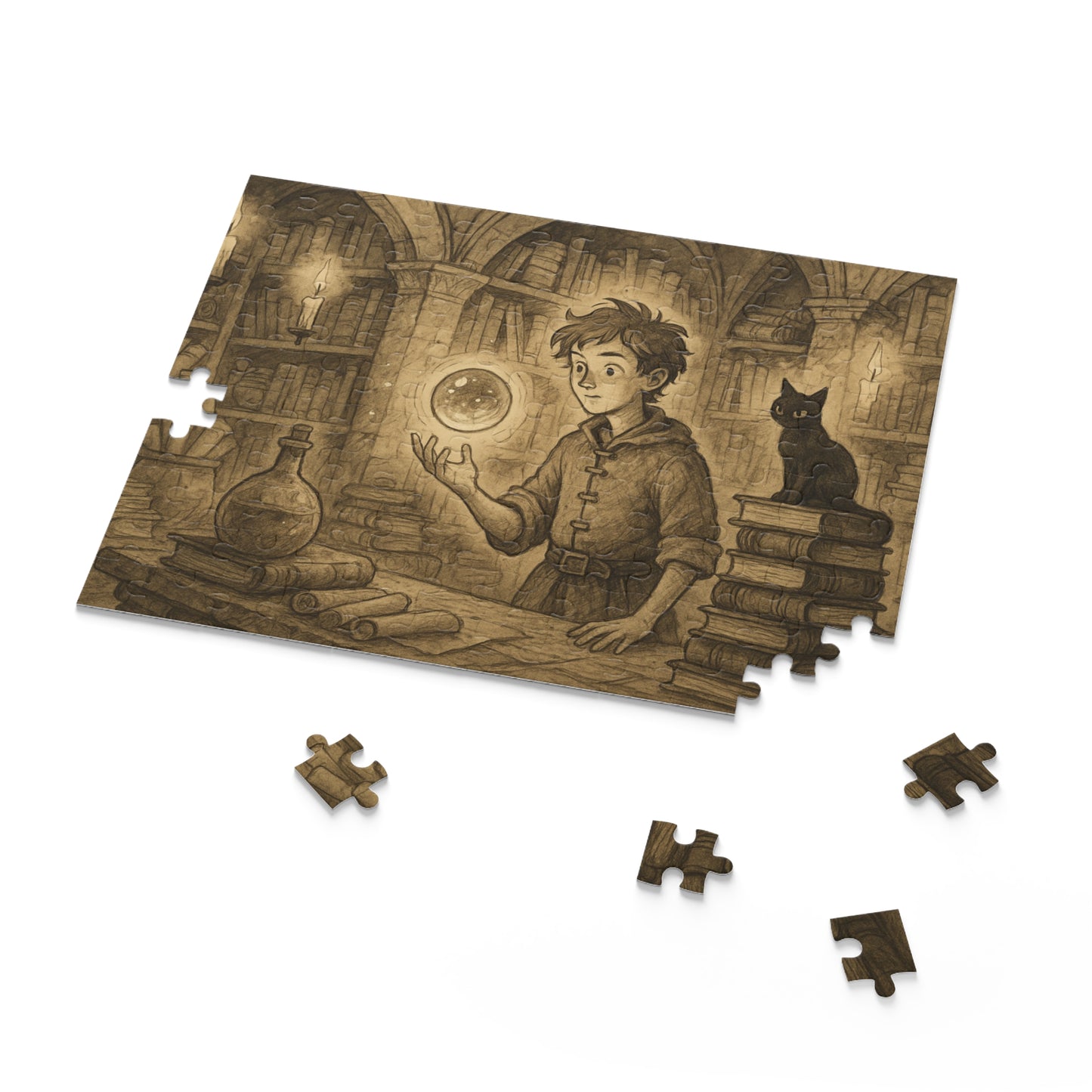 Arcane Library: Teen Alchemist and Floating Orb Puzzle Art