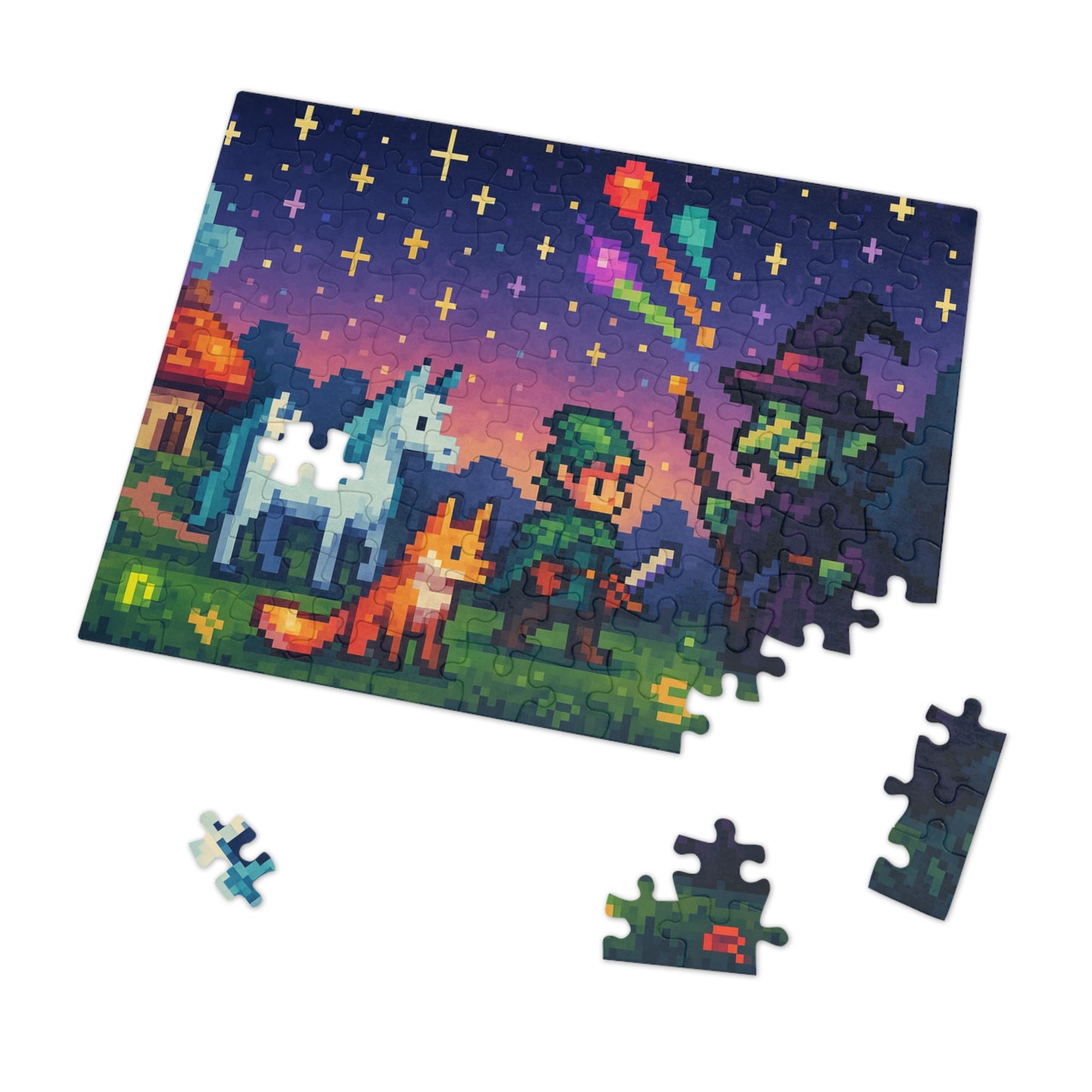 Pixel Showdown: Knight, Unicorn, and Witch Puzzle Art