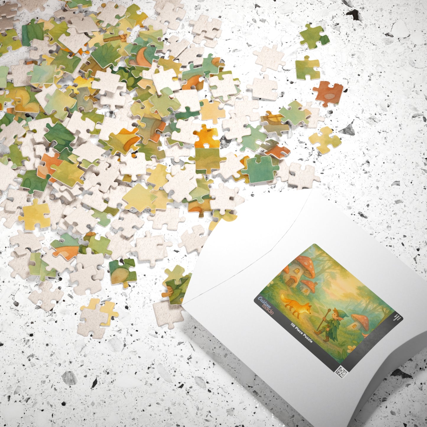 Mushroom Village Morning: Elf and Glowing Fox Puzzle Scene