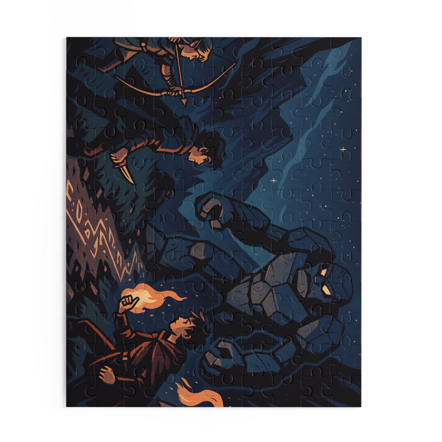 Starlit Showdown: Teen Heroes vs. Stone Golem Puzzle Scene