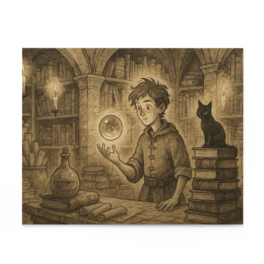 Arcane Library: Teen Alchemist and Floating Orb Puzzle Art