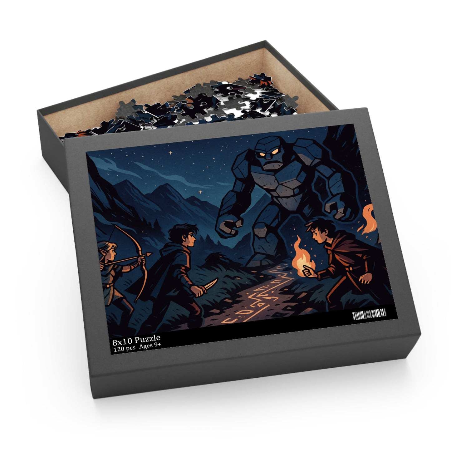 Starlit Showdown: Teen Heroes vs. Stone Golem Puzzle Scene