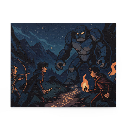 Starlit Showdown: Teen Heroes vs. Stone Golem Puzzle Scene