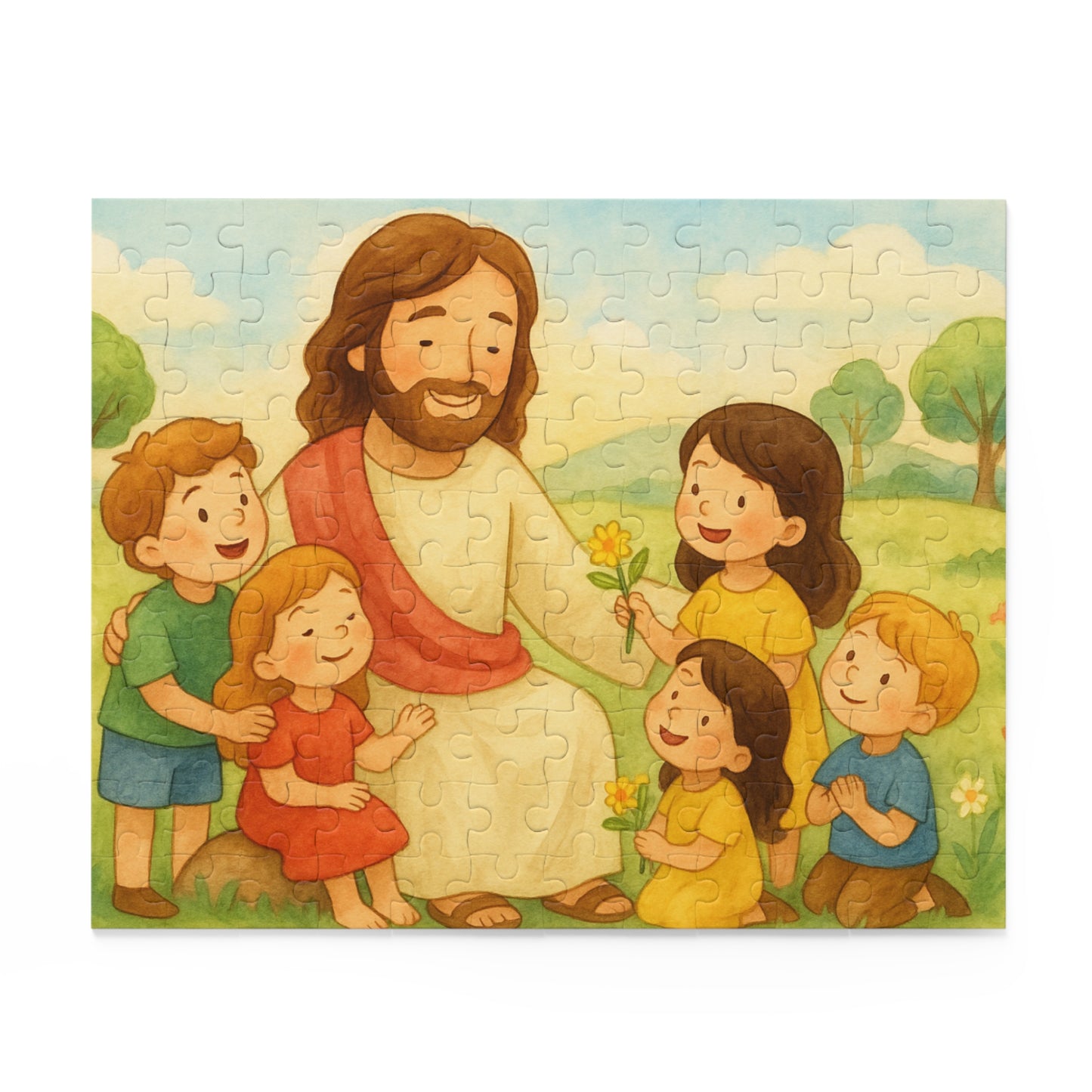 Jesus blessing children in a sunny meadow