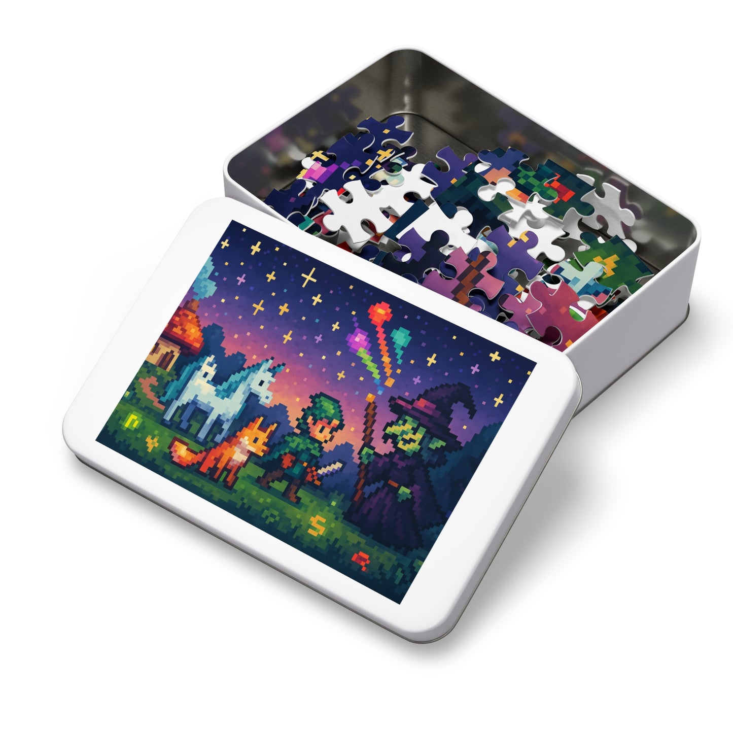 Pixel Showdown: Knight, Unicorn, and Witch Puzzle Art