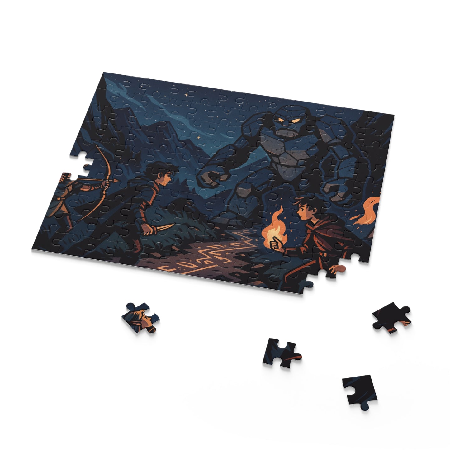 Starlit Showdown: Teen Heroes vs. Stone Golem Puzzle Scene