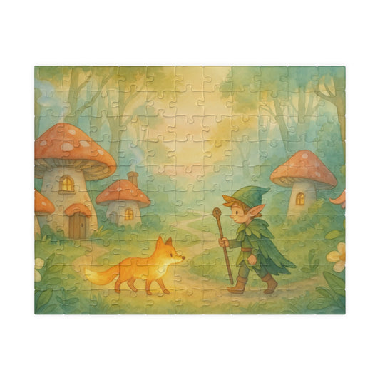 Mushroom Village Morning: Elf and Glowing Fox Puzzle Scene