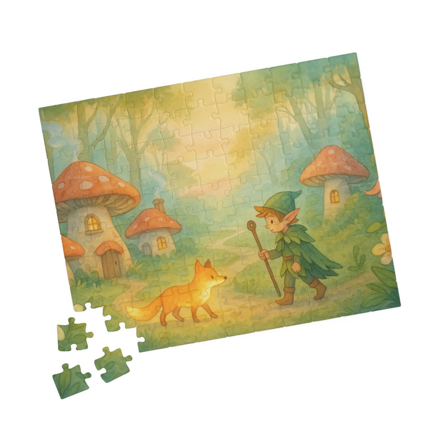 Mushroom Village Morning: Elf and Glowing Fox Puzzle Scene