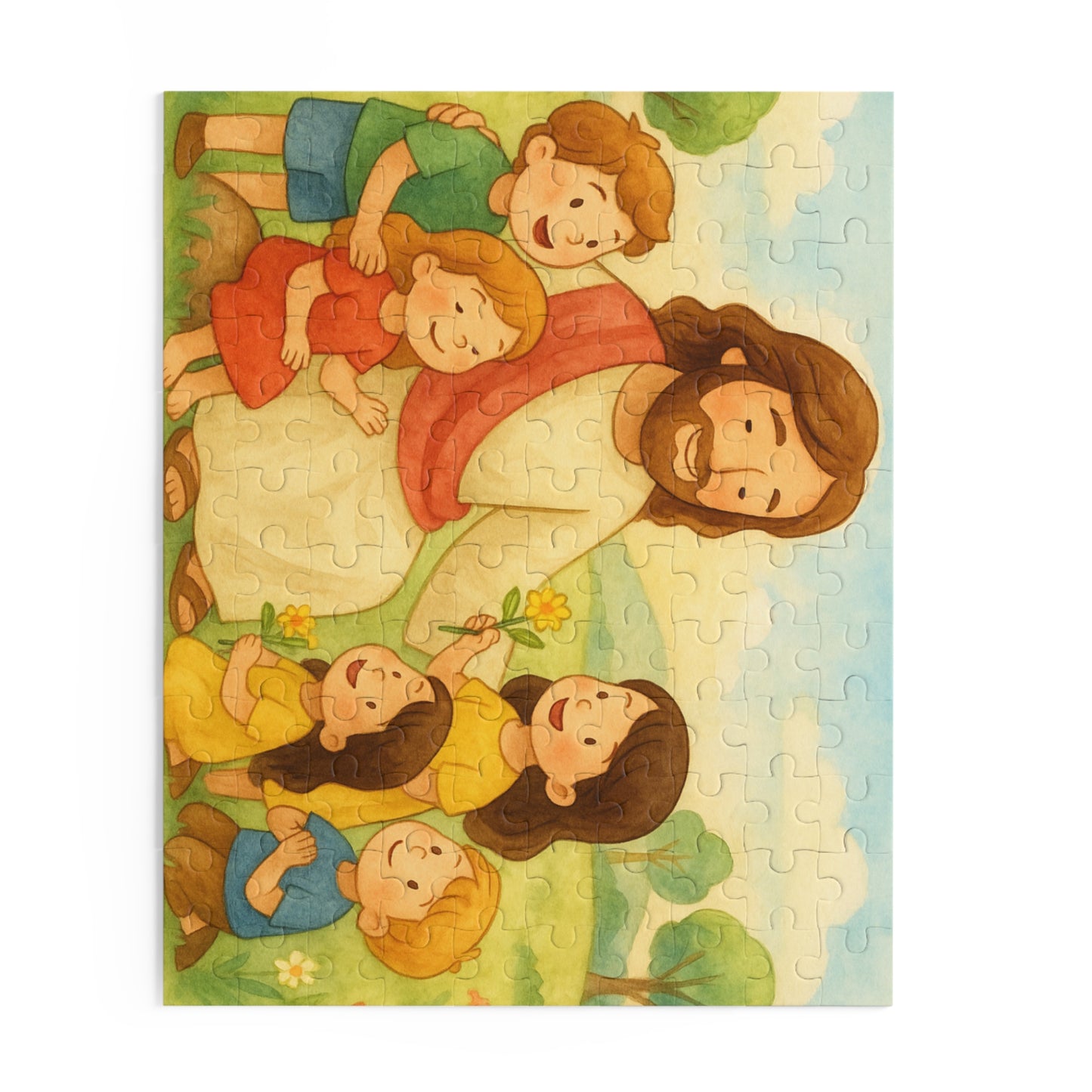 Jesus blessing children in a sunny meadow